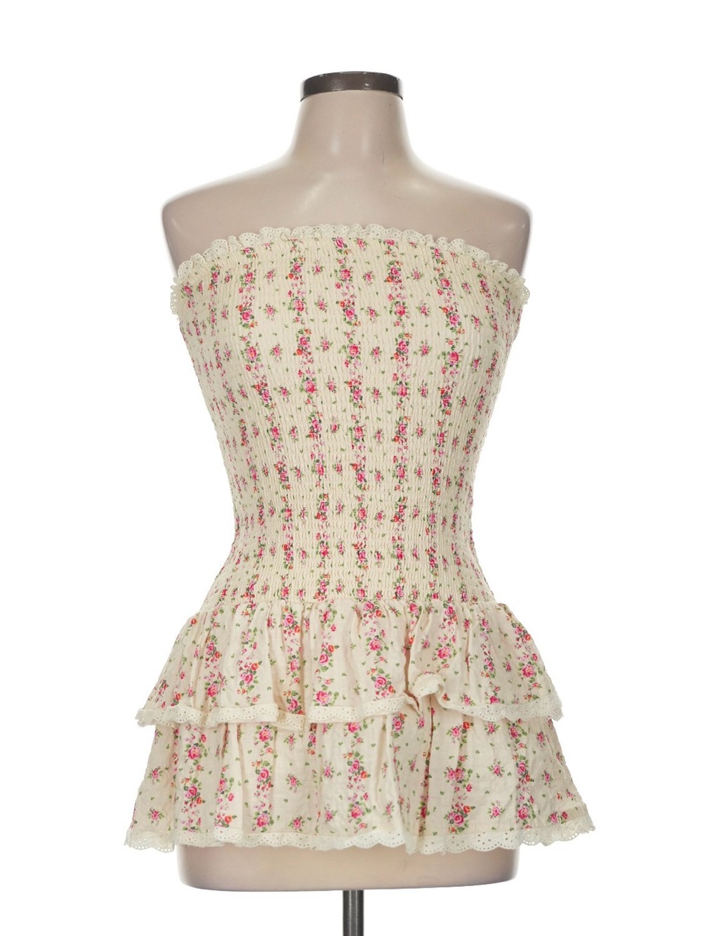 Katie J NYC Cream Strapless Smocked Floral Ruffle Dress